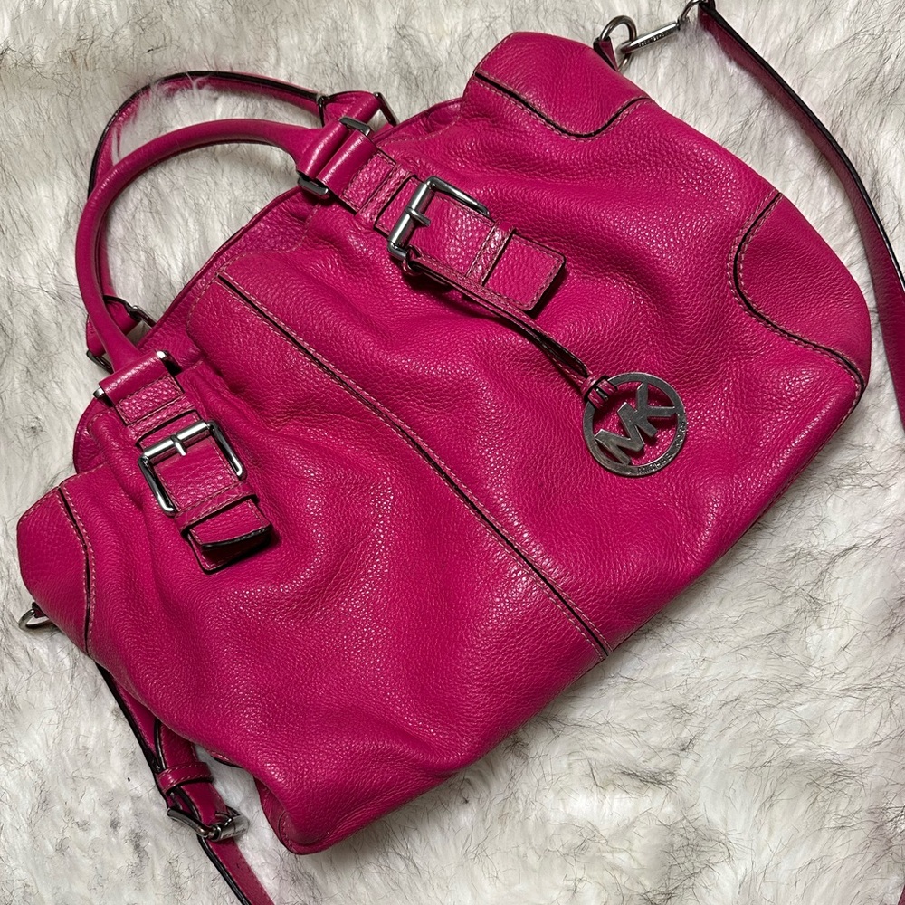 Michael Kors Brookville Fuschia Leather Double Handle Satchel Tote Bag